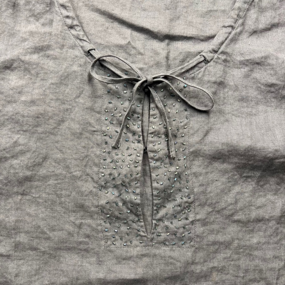 Eileen Fisher Womens Gray 100% Irish Linen Beaded Tie Neck Blouse Top Size M - Picture 4 of 8